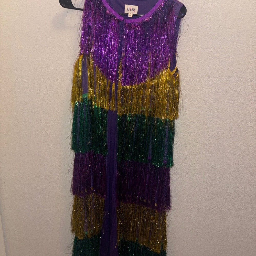 BiBi Mardi Gras Sparkle Fringe Vest - Purple, Gold, Green